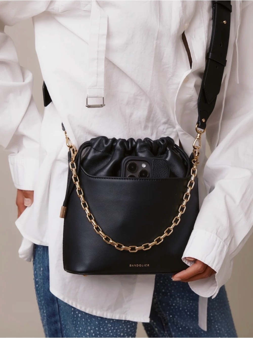 Bandolier Celeste Black Leather Crossbody with Gold Chain